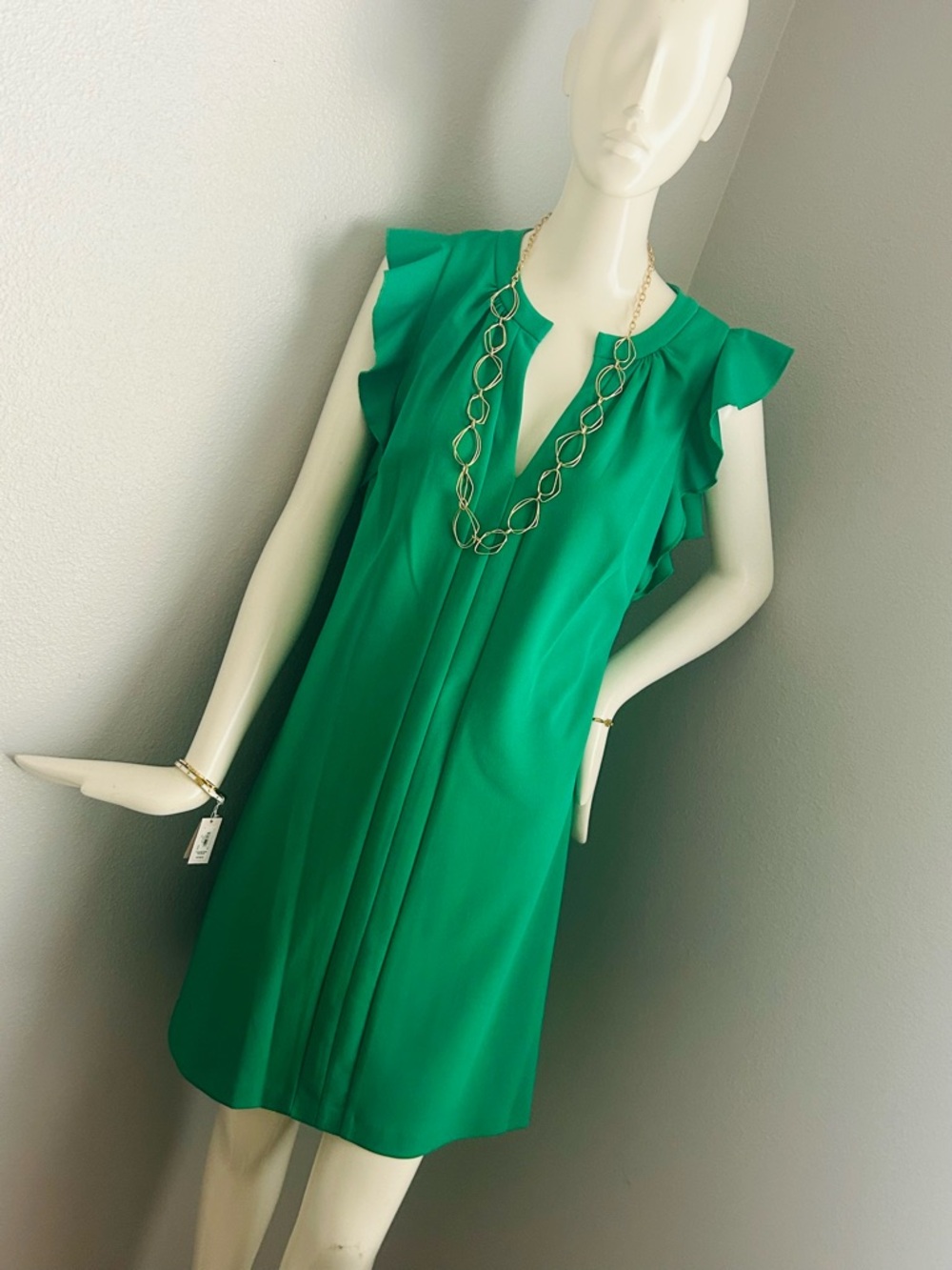 Vince Camuto Women Green V-Neck Short Flutter-Sleeve Mini Shift Dress